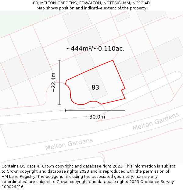 83, MELTON GARDENS, EDWALTON, NOTTINGHAM, NG12 4BJ: Plot and title map