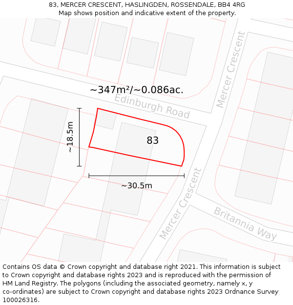 83, MERCER CRESCENT, HASLINGDEN, ROSSENDALE, BB4 4RG: Plot and title map