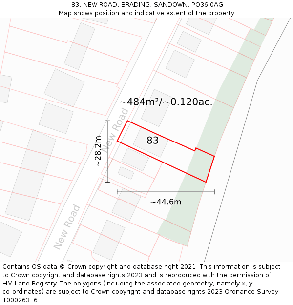 83, NEW ROAD, BRADING, SANDOWN, PO36 0AG: Plot and title map