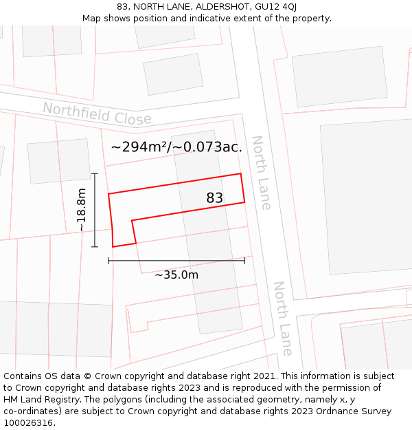 83, NORTH LANE, ALDERSHOT, GU12 4QJ: Plot and title map