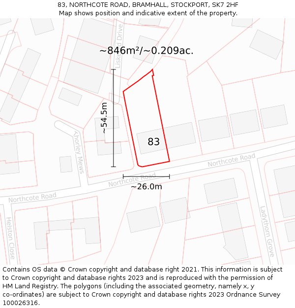 83, NORTHCOTE ROAD, BRAMHALL, STOCKPORT, SK7 2HF: Plot and title map