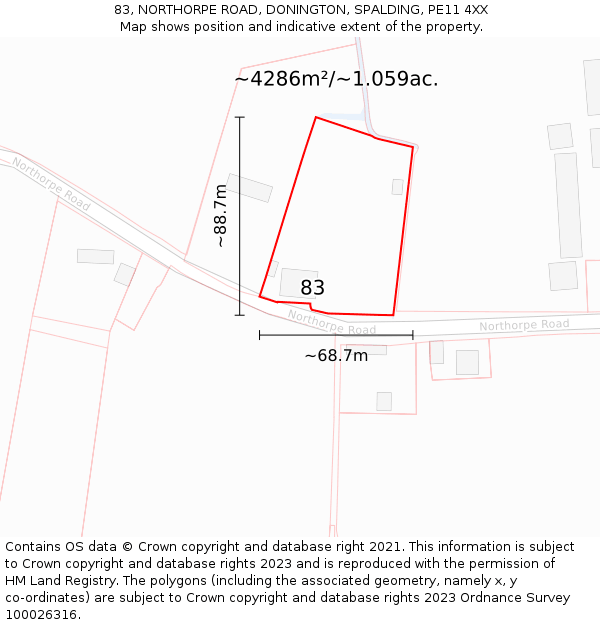 83, NORTHORPE ROAD, DONINGTON, SPALDING, PE11 4XX: Plot and title map
