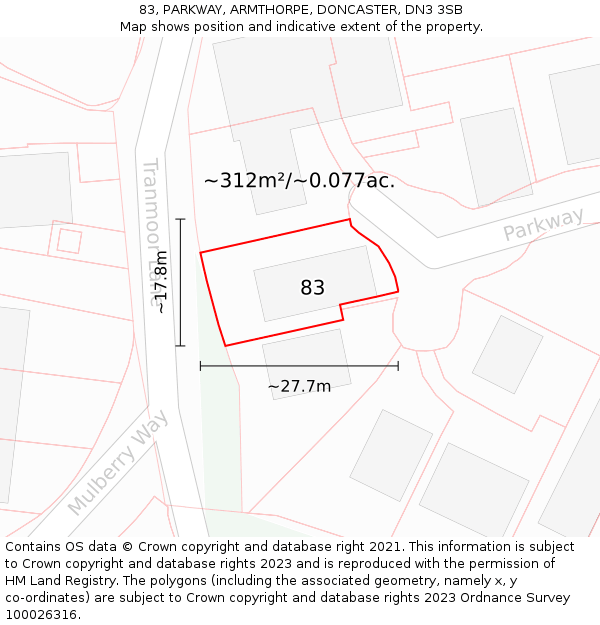 83, PARKWAY, ARMTHORPE, DONCASTER, DN3 3SB: Plot and title map