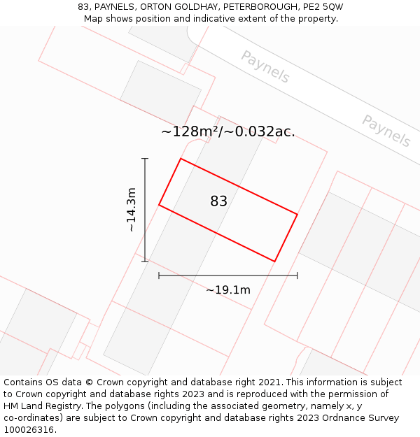 83, PAYNELS, ORTON GOLDHAY, PETERBOROUGH, PE2 5QW: Plot and title map