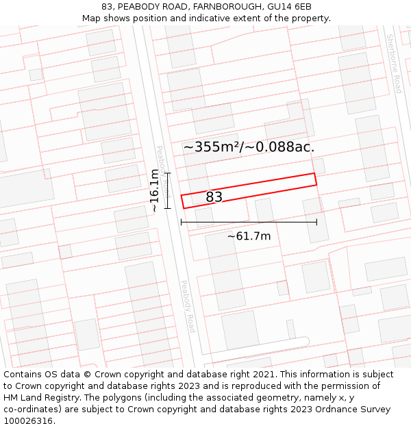 83, PEABODY ROAD, FARNBOROUGH, GU14 6EB: Plot and title map