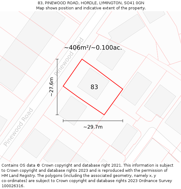 83, PINEWOOD ROAD, HORDLE, LYMINGTON, SO41 0GN: Plot and title map