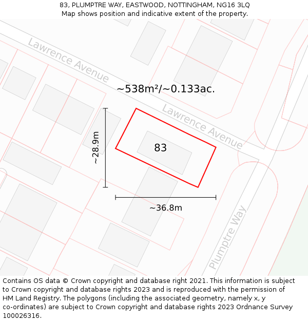 83, PLUMPTRE WAY, EASTWOOD, NOTTINGHAM, NG16 3LQ: Plot and title map