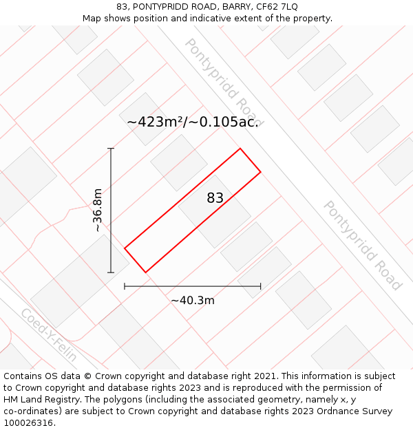 83, PONTYPRIDD ROAD, BARRY, CF62 7LQ: Plot and title map