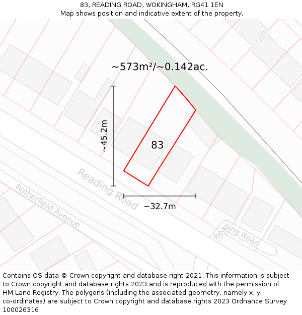 83, READING ROAD, WOKINGHAM, RG41 1EN: Plot and title map