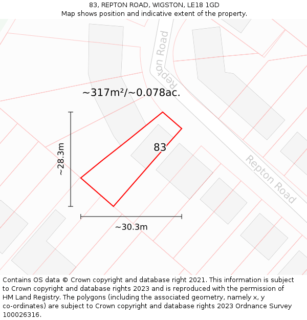 83, REPTON ROAD, WIGSTON, LE18 1GD: Plot and title map