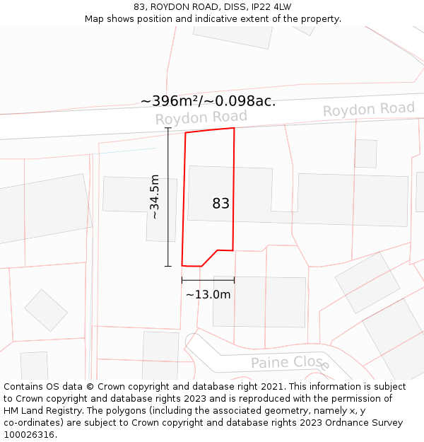 83, ROYDON ROAD, DISS, IP22 4LW: Plot and title map