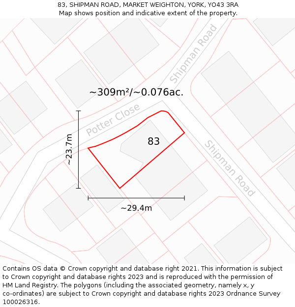 83, SHIPMAN ROAD, MARKET WEIGHTON, YORK, YO43 3RA: Plot and title map