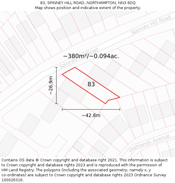 83, SPINNEY HILL ROAD, NORTHAMPTON, NN3 6DQ: Plot and title map