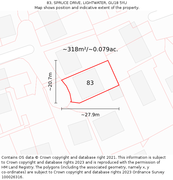 83, SPRUCE DRIVE, LIGHTWATER, GU18 5YU: Plot and title map