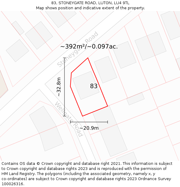 83, STONEYGATE ROAD, LUTON, LU4 9TL: Plot and title map