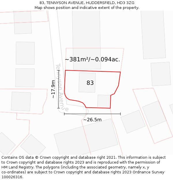 83, TENNYSON AVENUE, HUDDERSFIELD, HD3 3ZG: Plot and title map