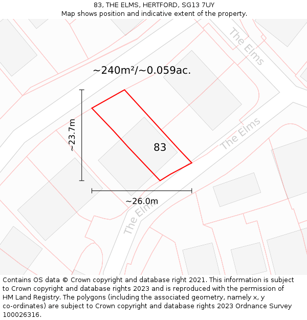 83, THE ELMS, HERTFORD, SG13 7UY: Plot and title map