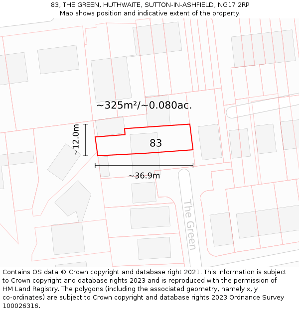 83, THE GREEN, HUTHWAITE, SUTTON-IN-ASHFIELD, NG17 2RP: Plot and title map