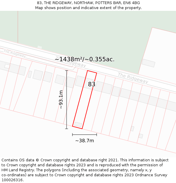 83, THE RIDGEWAY, NORTHAW, POTTERS BAR, EN6 4BG: Plot and title map