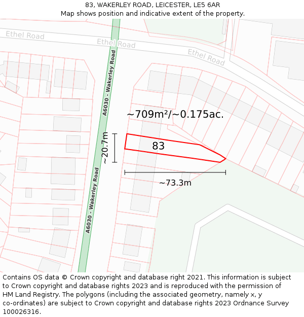 83, WAKERLEY ROAD, LEICESTER, LE5 6AR: Plot and title map