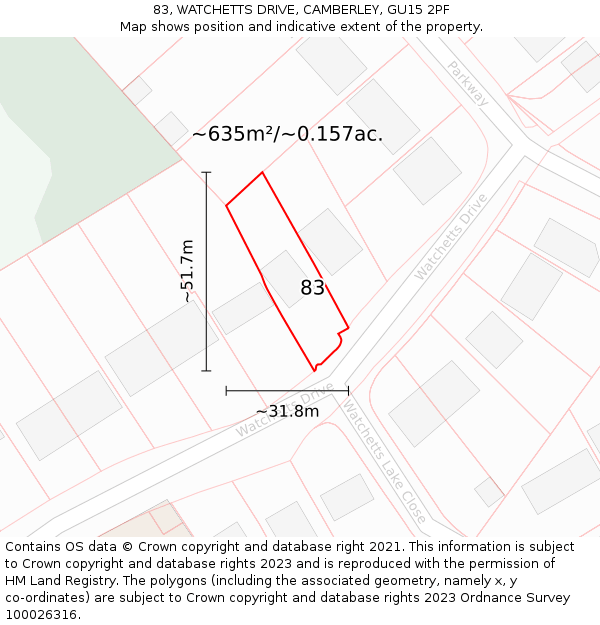 83, WATCHETTS DRIVE, CAMBERLEY, GU15 2PF: Plot and title map