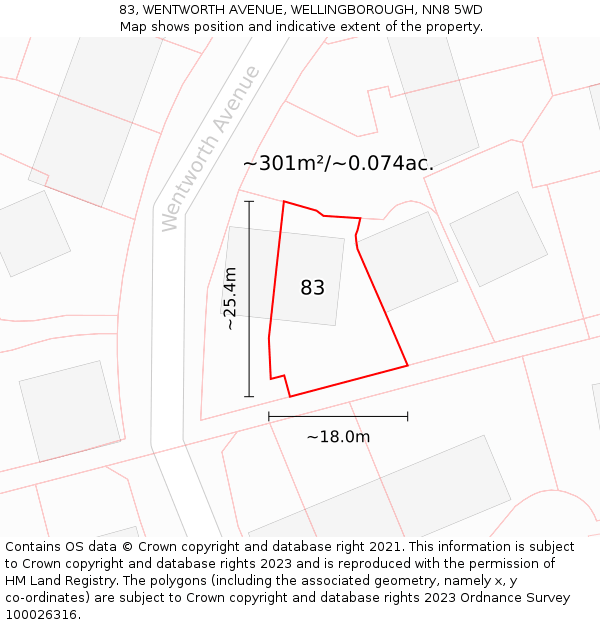 83, WENTWORTH AVENUE, WELLINGBOROUGH, NN8 5WD: Plot and title map