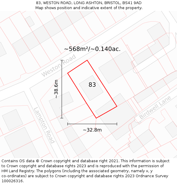 83, WESTON ROAD, LONG ASHTON, BRISTOL, BS41 9AD: Plot and title map
