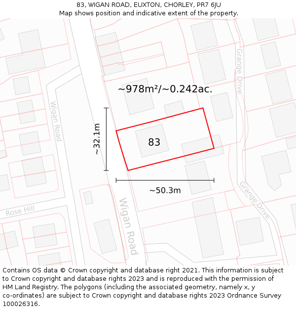 83, WIGAN ROAD, EUXTON, CHORLEY, PR7 6JU: Plot and title map