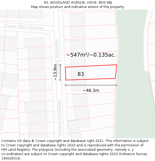 83, WOODLAND AVENUE, HOVE, BN3 6BJ: Plot and title map