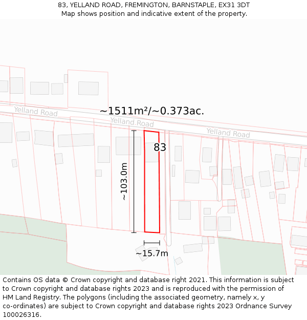 83, YELLAND ROAD, FREMINGTON, BARNSTAPLE, EX31 3DT: Plot and title map