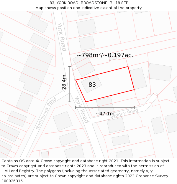 83, YORK ROAD, BROADSTONE, BH18 8EP: Plot and title map