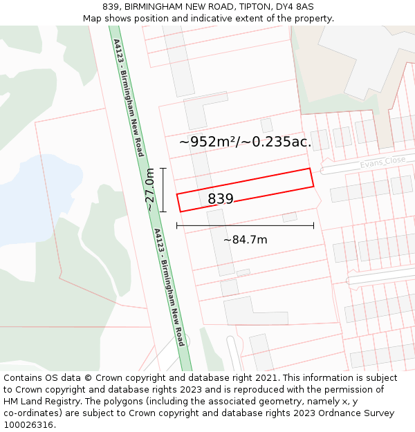 839, BIRMINGHAM NEW ROAD, TIPTON, DY4 8AS: Plot and title map