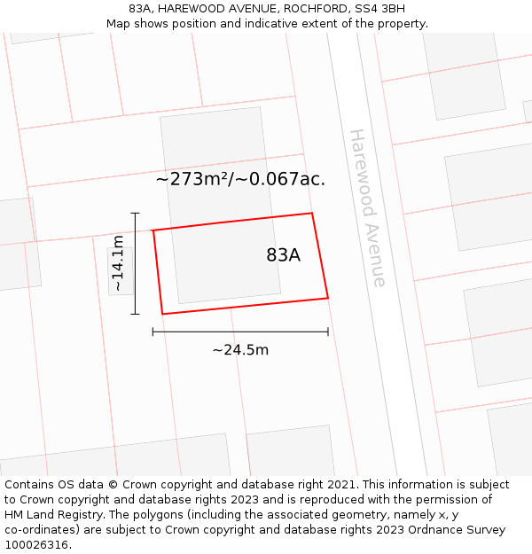 83A, HAREWOOD AVENUE, ROCHFORD, SS4 3BH: Plot and title map