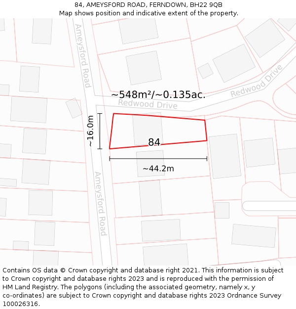 84, AMEYSFORD ROAD, FERNDOWN, BH22 9QB: Plot and title map