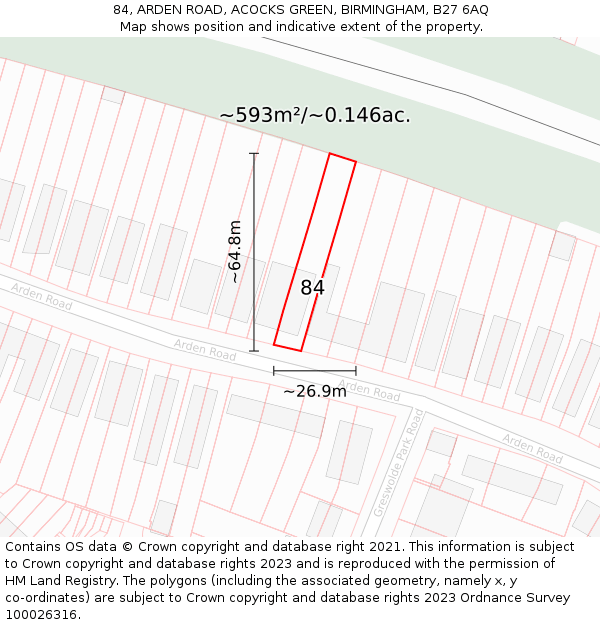 84, ARDEN ROAD, ACOCKS GREEN, BIRMINGHAM, B27 6AQ: Plot and title map