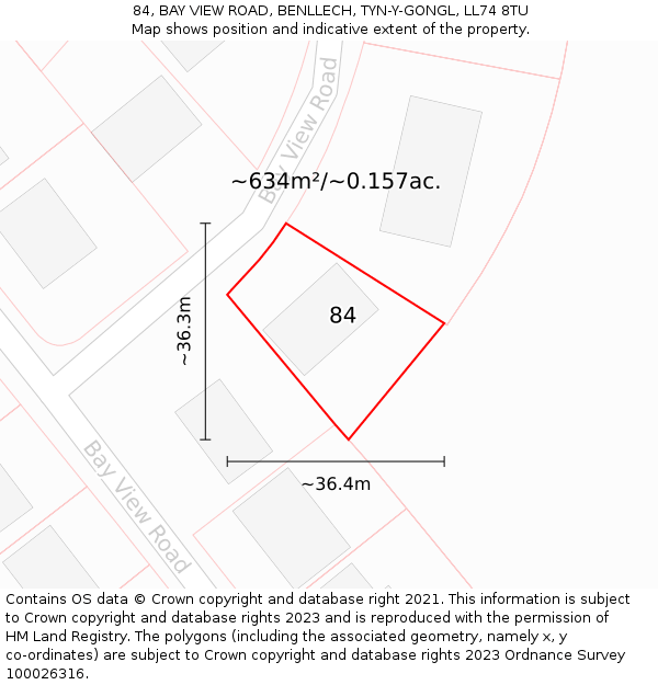 84, BAY VIEW ROAD, BENLLECH, TYN-Y-GONGL, LL74 8TU: Plot and title map