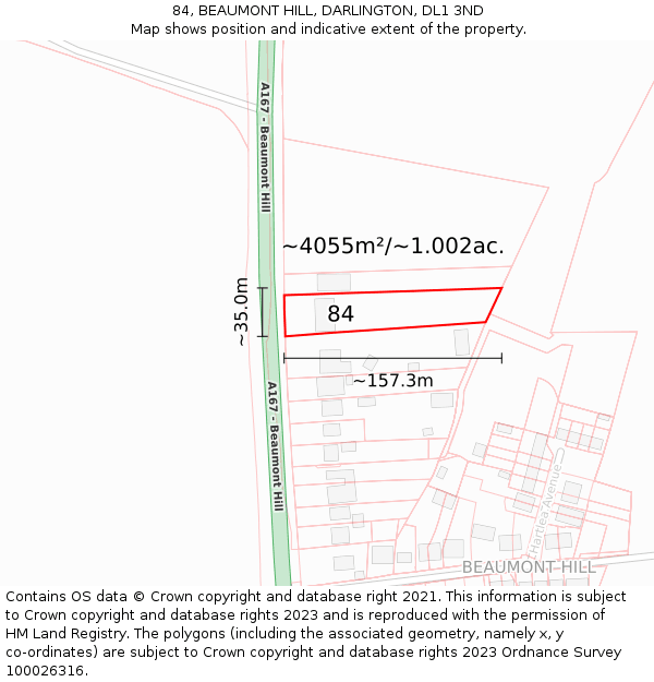 84, BEAUMONT HILL, DARLINGTON, DL1 3ND: Plot and title map