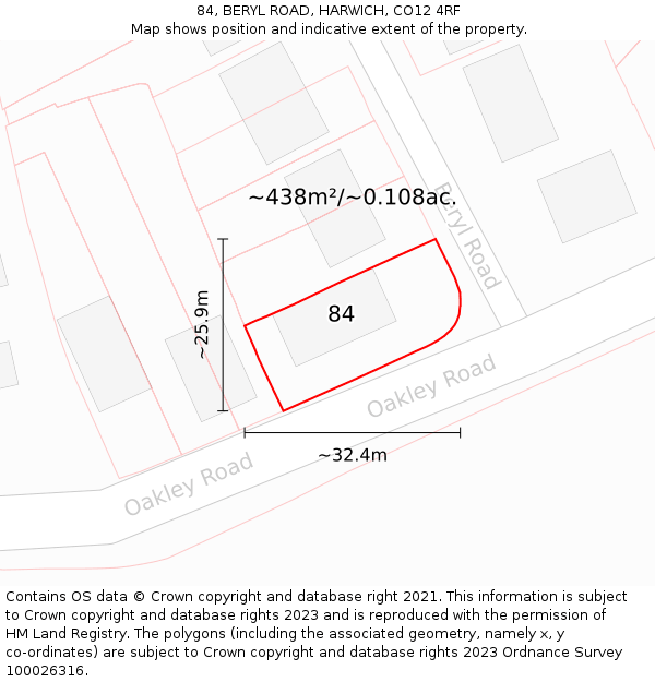 84, BERYL ROAD, HARWICH, CO12 4RF: Plot and title map