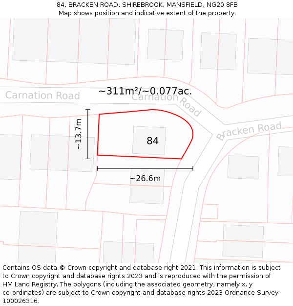 84, BRACKEN ROAD, SHIREBROOK, MANSFIELD, NG20 8FB: Plot and title map