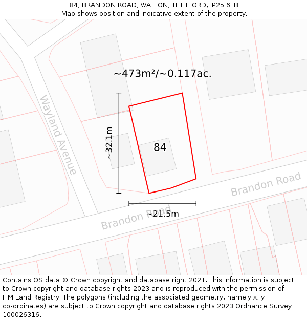 84, BRANDON ROAD, WATTON, THETFORD, IP25 6LB: Plot and title map