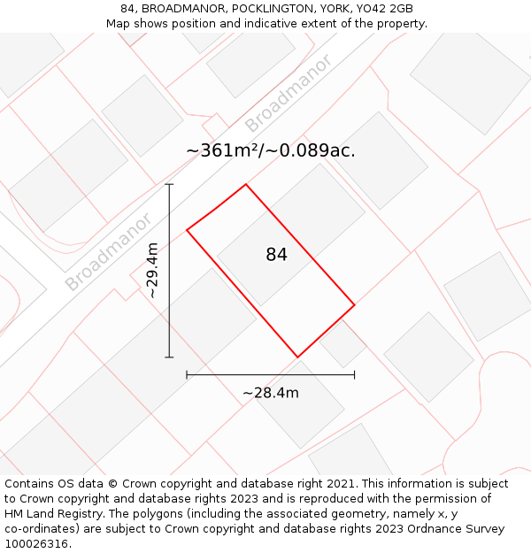 84, BROADMANOR, POCKLINGTON, YORK, YO42 2GB: Plot and title map