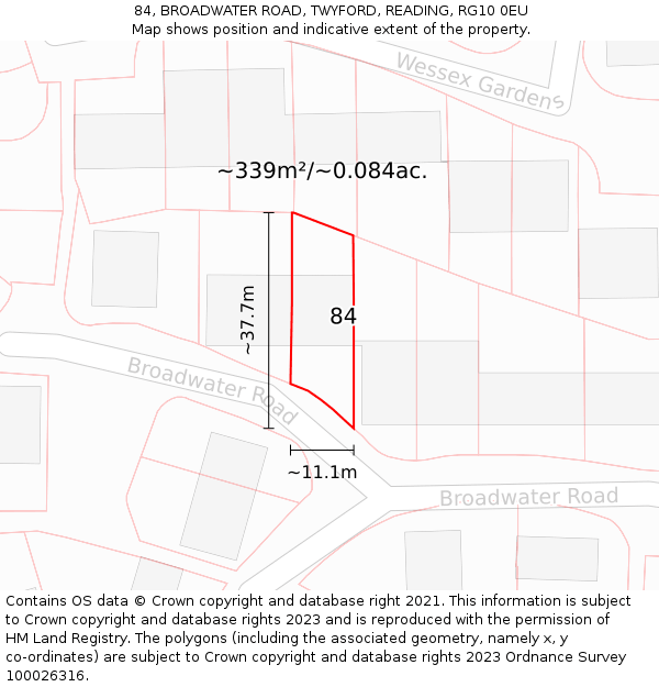 84, BROADWATER ROAD, TWYFORD, READING, RG10 0EU: Plot and title map