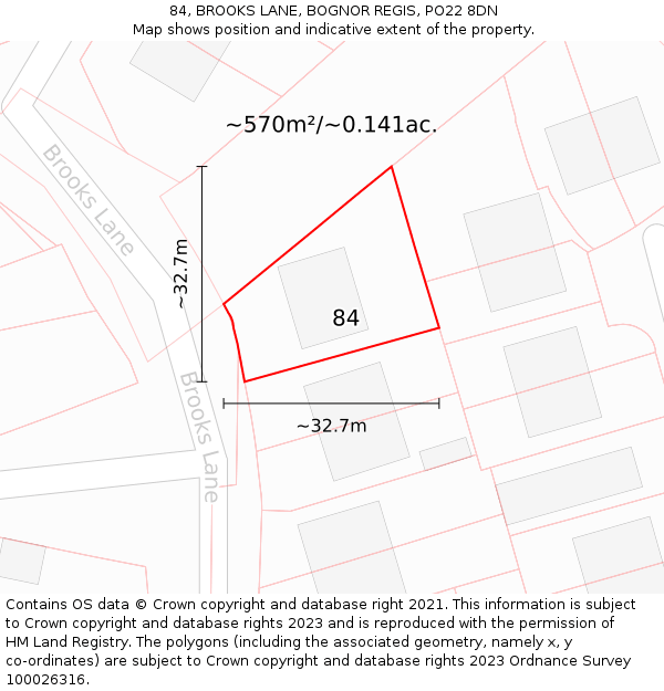 84, BROOKS LANE, BOGNOR REGIS, PO22 8DN: Plot and title map