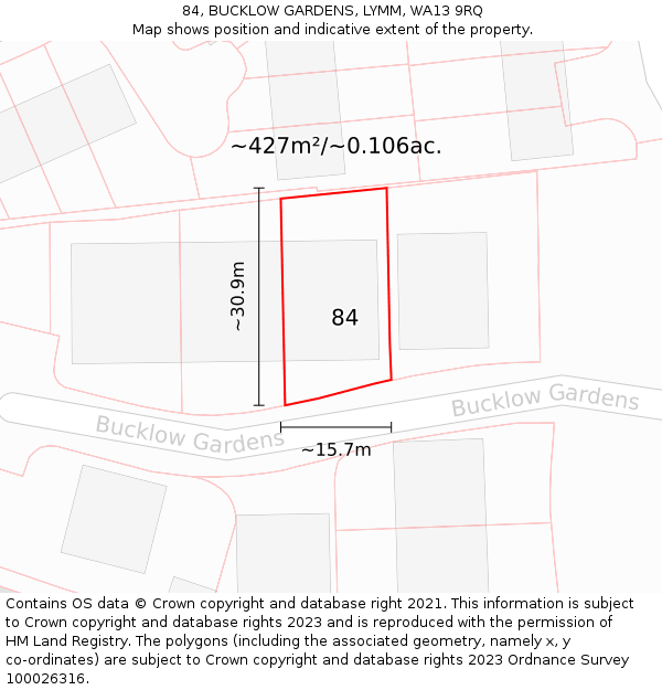 84, BUCKLOW GARDENS, LYMM, WA13 9RQ: Plot and title map