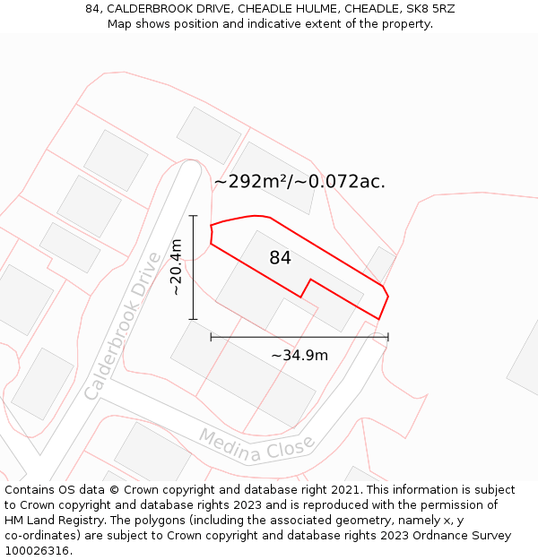 84, CALDERBROOK DRIVE, CHEADLE HULME, CHEADLE, SK8 5RZ: Plot and title map