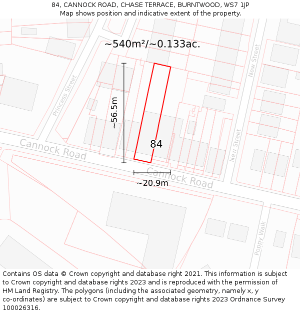 84, CANNOCK ROAD, CHASE TERRACE, BURNTWOOD, WS7 1JP: Plot and title map