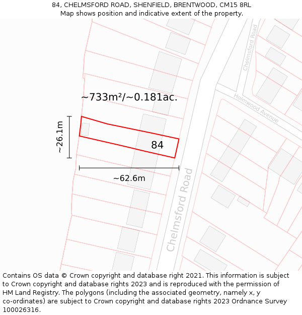 84, CHELMSFORD ROAD, SHENFIELD, BRENTWOOD, CM15 8RL: Plot and title map