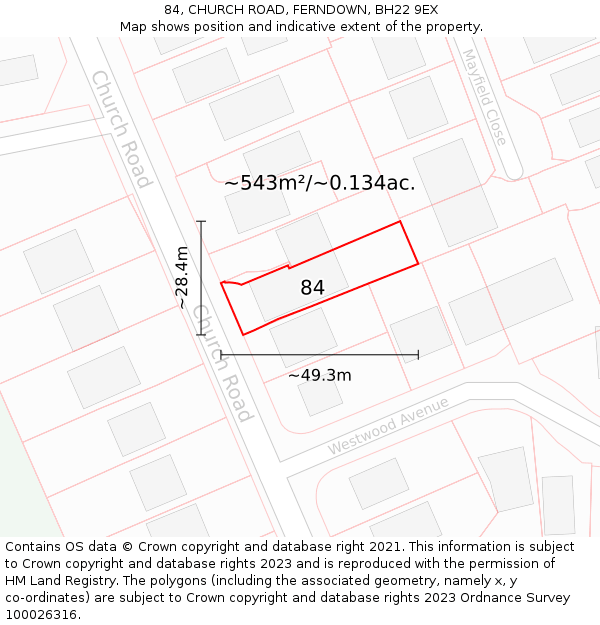 84, CHURCH ROAD, FERNDOWN, BH22 9EX: Plot and title map