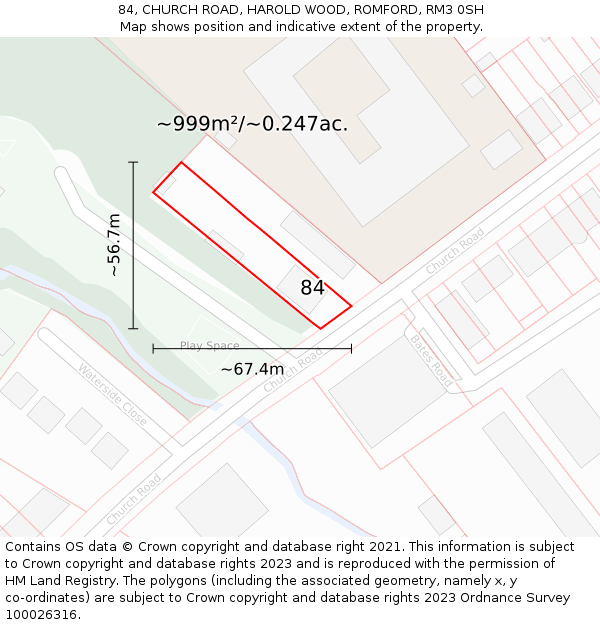 84, CHURCH ROAD, HAROLD WOOD, ROMFORD, RM3 0SH: Plot and title map