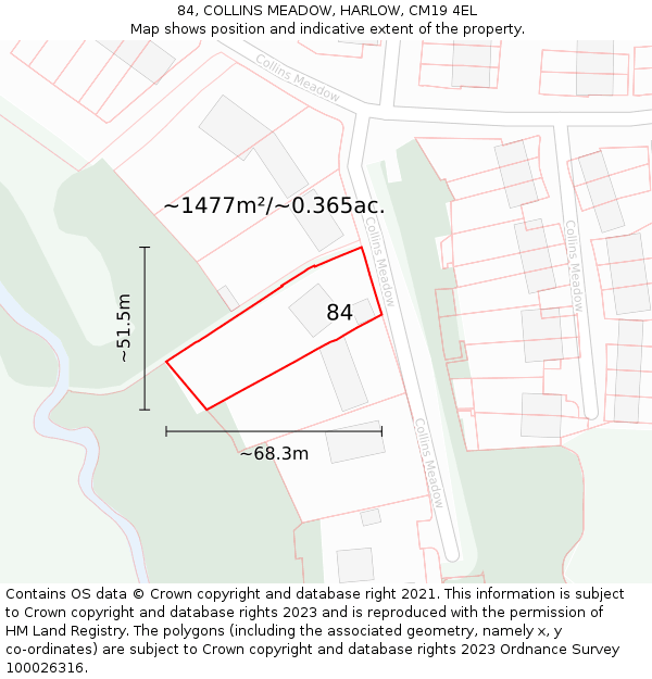 84, COLLINS MEADOW, HARLOW, CM19 4EL: Plot and title map